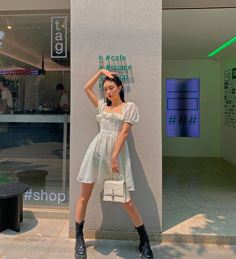 韓国ワンピドットシフォンオフショルダーレトロワンピースドレス レトロ 透け感 セクシー ガーリー シフォン オフショルダー