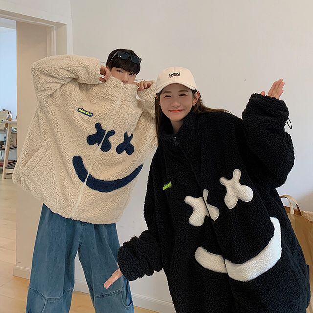 【予約販売】ボアジャケット アウター 防寒 ブルゾン メンズ ユニセックス ストリート スマイル ブラック ピンク ベージュ 防寒 お洒落 こなれ感 ベーシック 秋冬 大きいサイズ M/L/XL/2XL/3XL