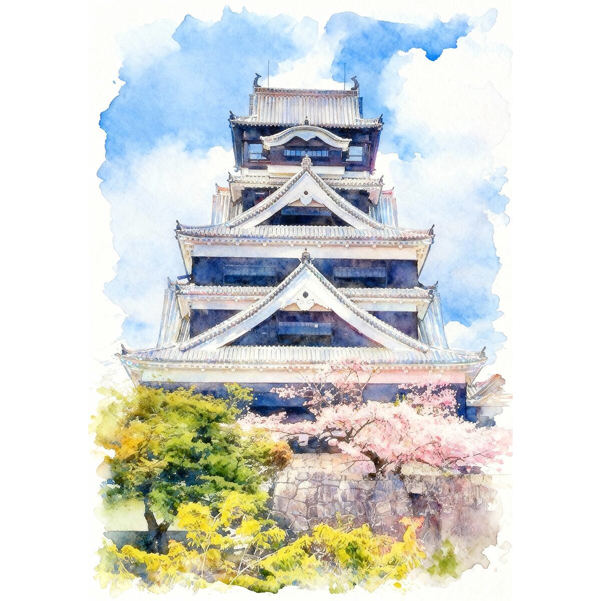 絵画 風景画 日本の城 熊本県熊本城 インテリアアート額付き 水彩画・油絵風 WAT0964