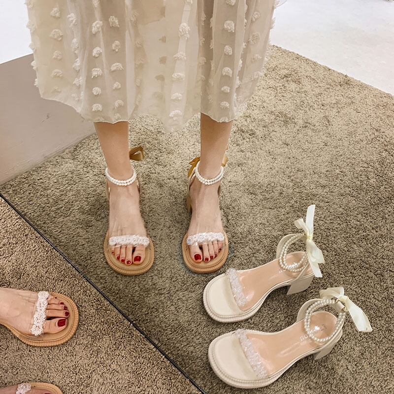 サンダルサマークリスタルFlowerデザイン パールスタイルヒール ハイヒール 靴 シューズ 夏物 真珠 フラワーデザイン フェイクシューズ91998665384