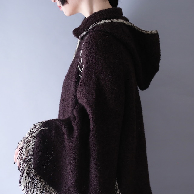 fringe design over silhouette zip-up knit foodie jacket
