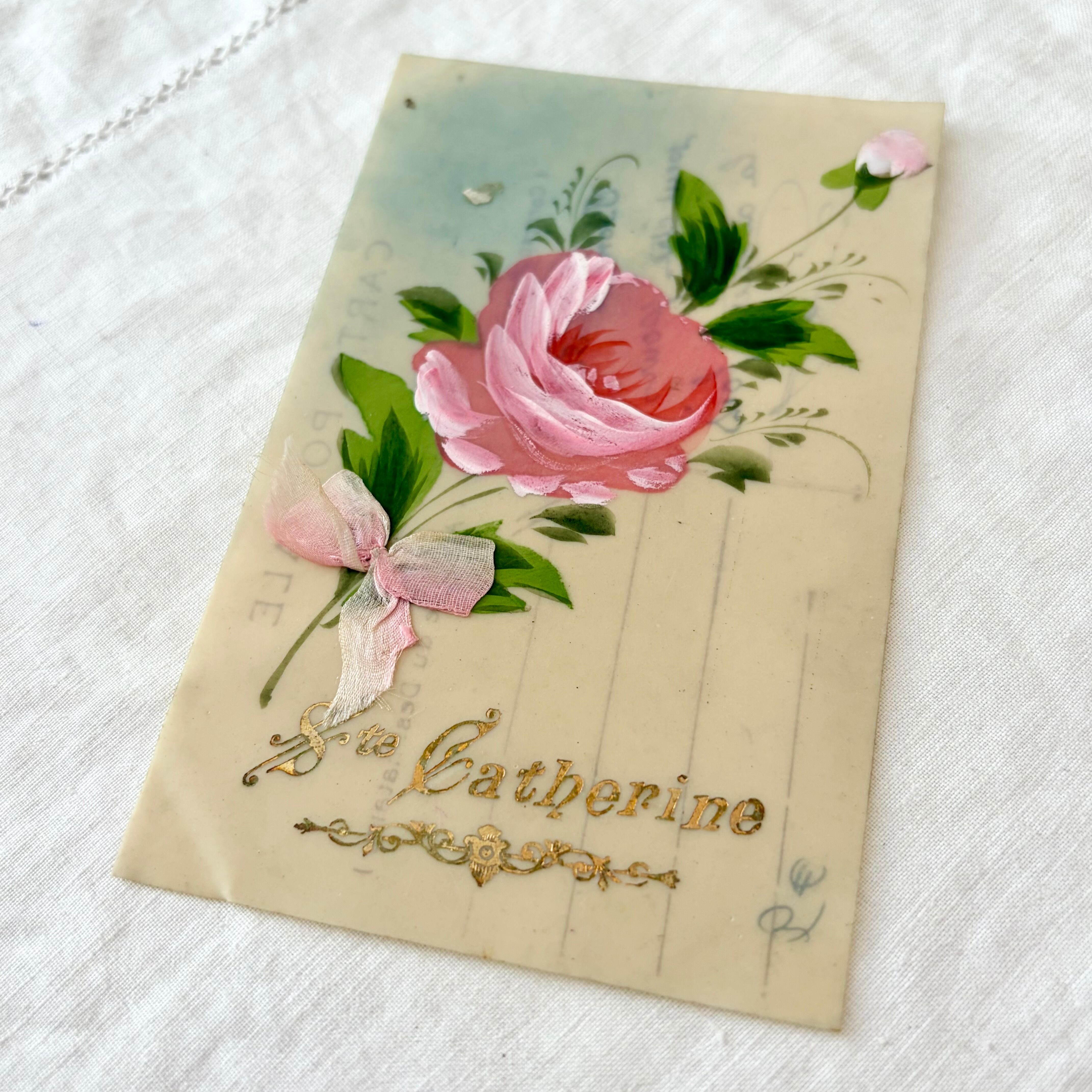 フランスアンティークポストカード　セルロイドポストカード　薔薇　ハンドペイント フランスアンティーク セルロイド ポストカード | ピンク薔薇のブーケ