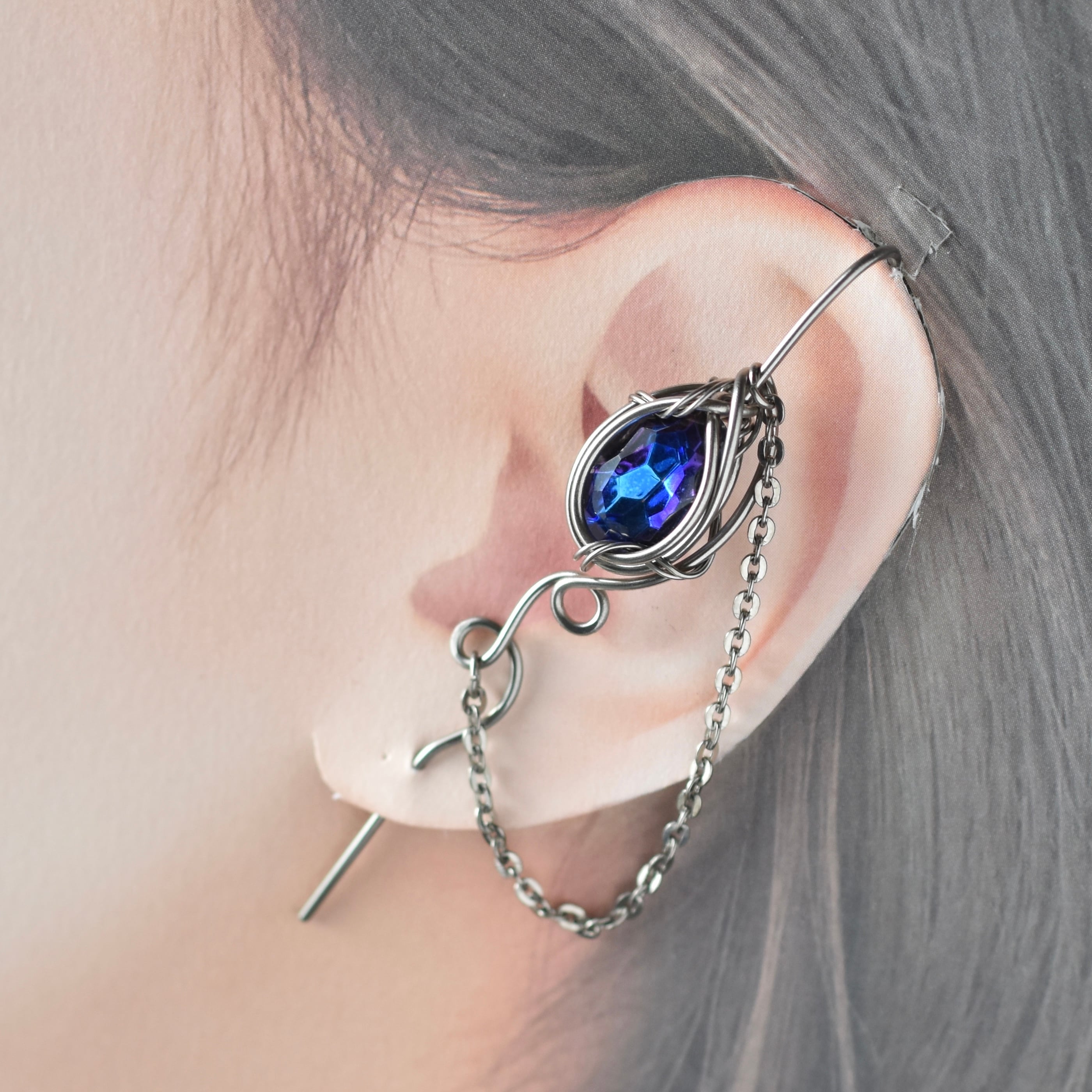 ピアス8点セット（ブルー系） チェーン付＊バミューダブルーのイヤーラップピアス＊ヴィンテージ