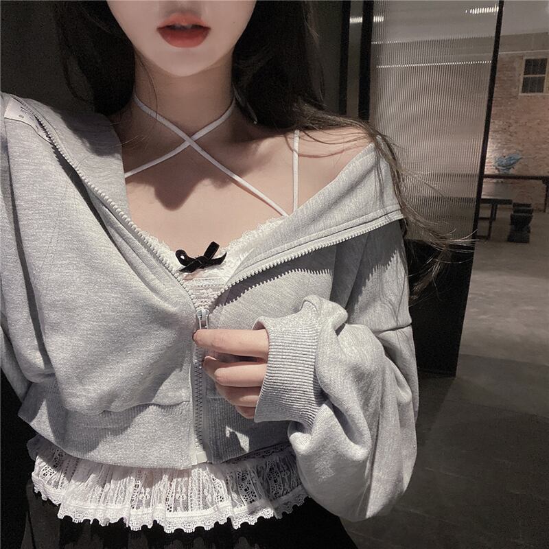 セーター レディースショートスリムジッパーカーディガンジャケット スプリンググレーフードトップス 春物 ブラックストロベリース33093212812