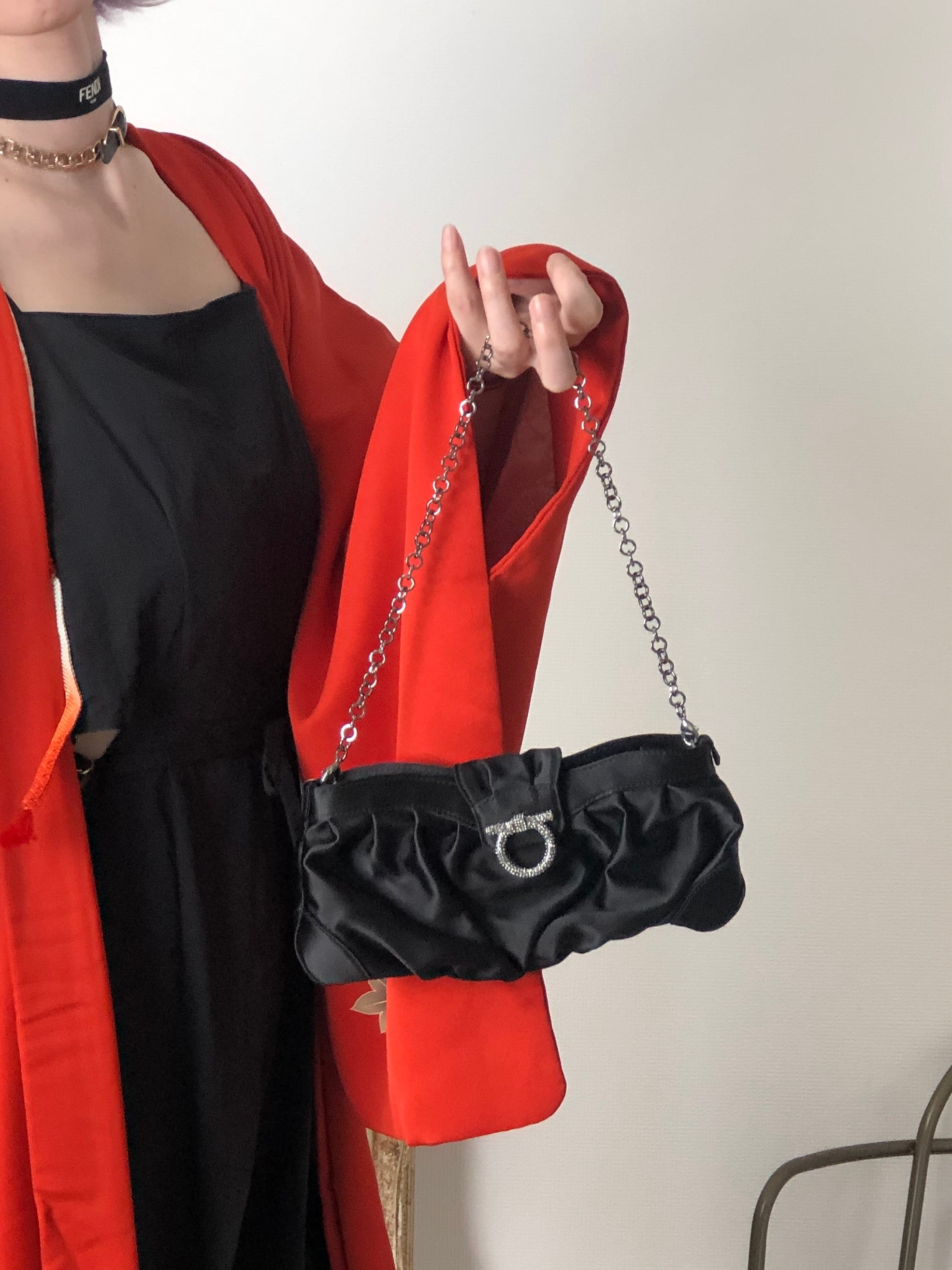 Salvatore Ferragamo サルヴァトーレ フェラガモ ショルダーバッグ ブラック ガンチーニ ラインストーン サテン パーティーバッグ vintage ヴィンテージ オールド nibfdw