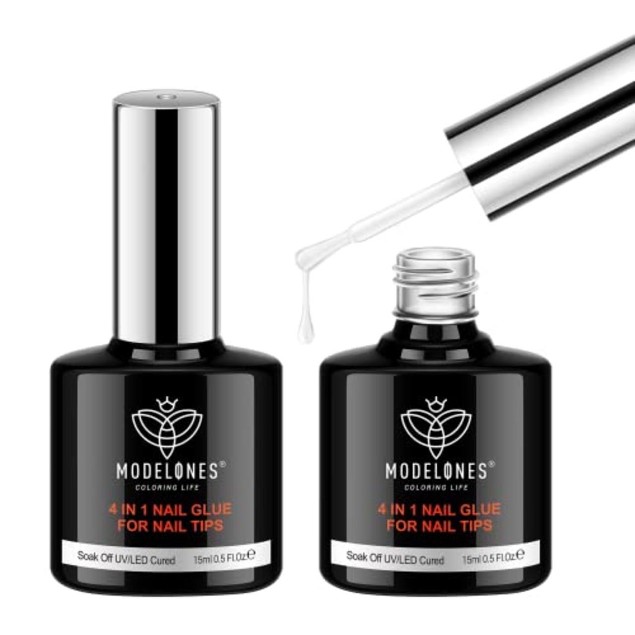 Modelones ジェルネイル ネイルグルー ネイルチップ接着剤 15ml 2本セット 4in1 ネイルチップ用グルー＆ベースコート＆ラインストーンジェル＆ブルーミングジェル
