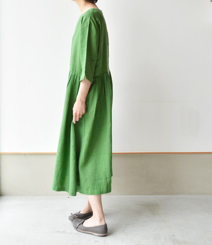 スワーム SWARM リネンサイドギャザーAラインワンピース(NS-75014)グリーン