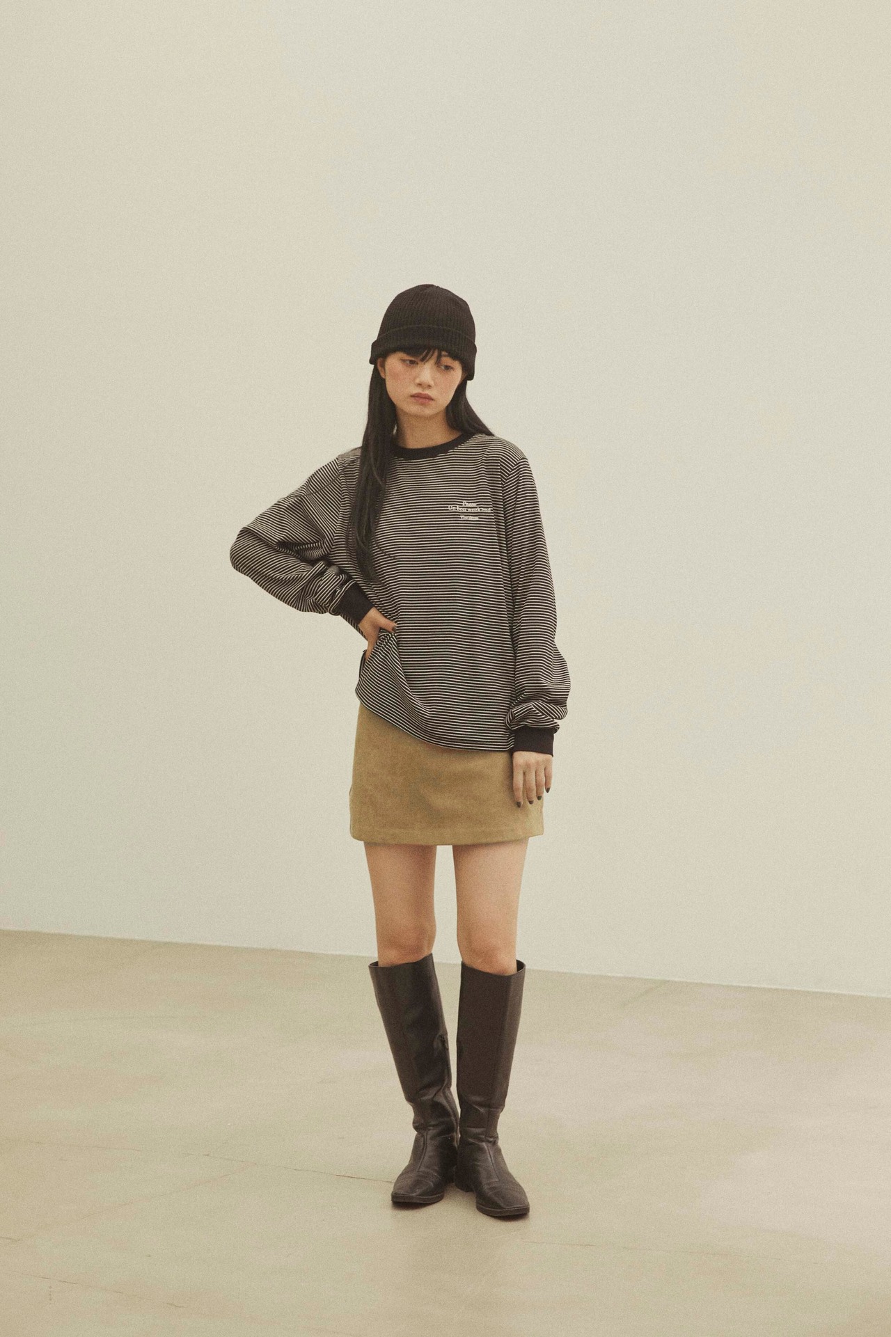 DU250720  Embroidery Striped Long T Shirt
