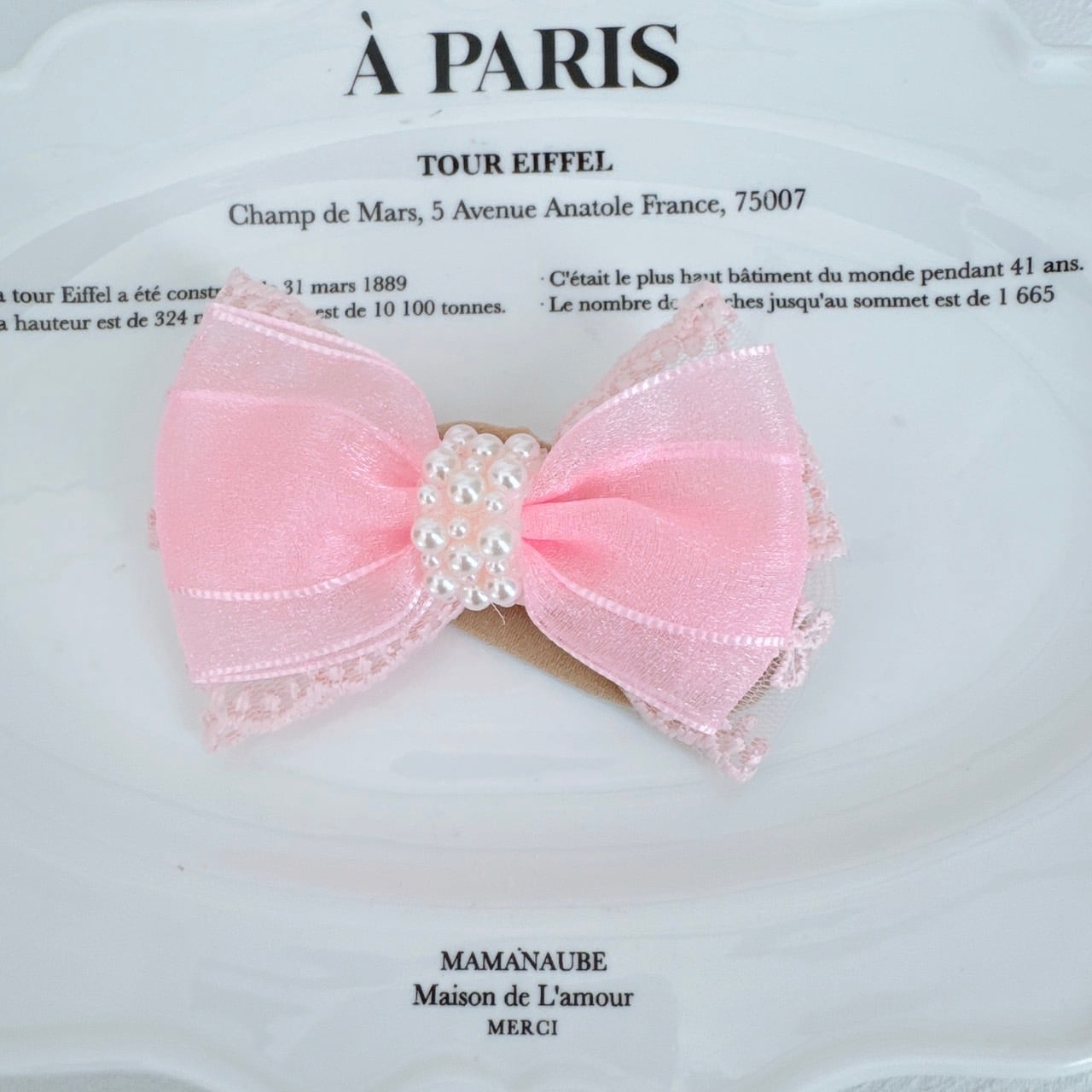 パールのお嬢様リボンヘアバンド（後ろ支え付き）