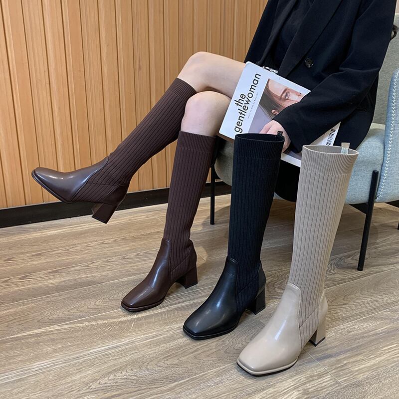 ブーツウィンターストレッチ薄手ハイヒール 靴 シューズ エラスティック 伸縮 冬物 スクウェア フェイクシューズ77435806267