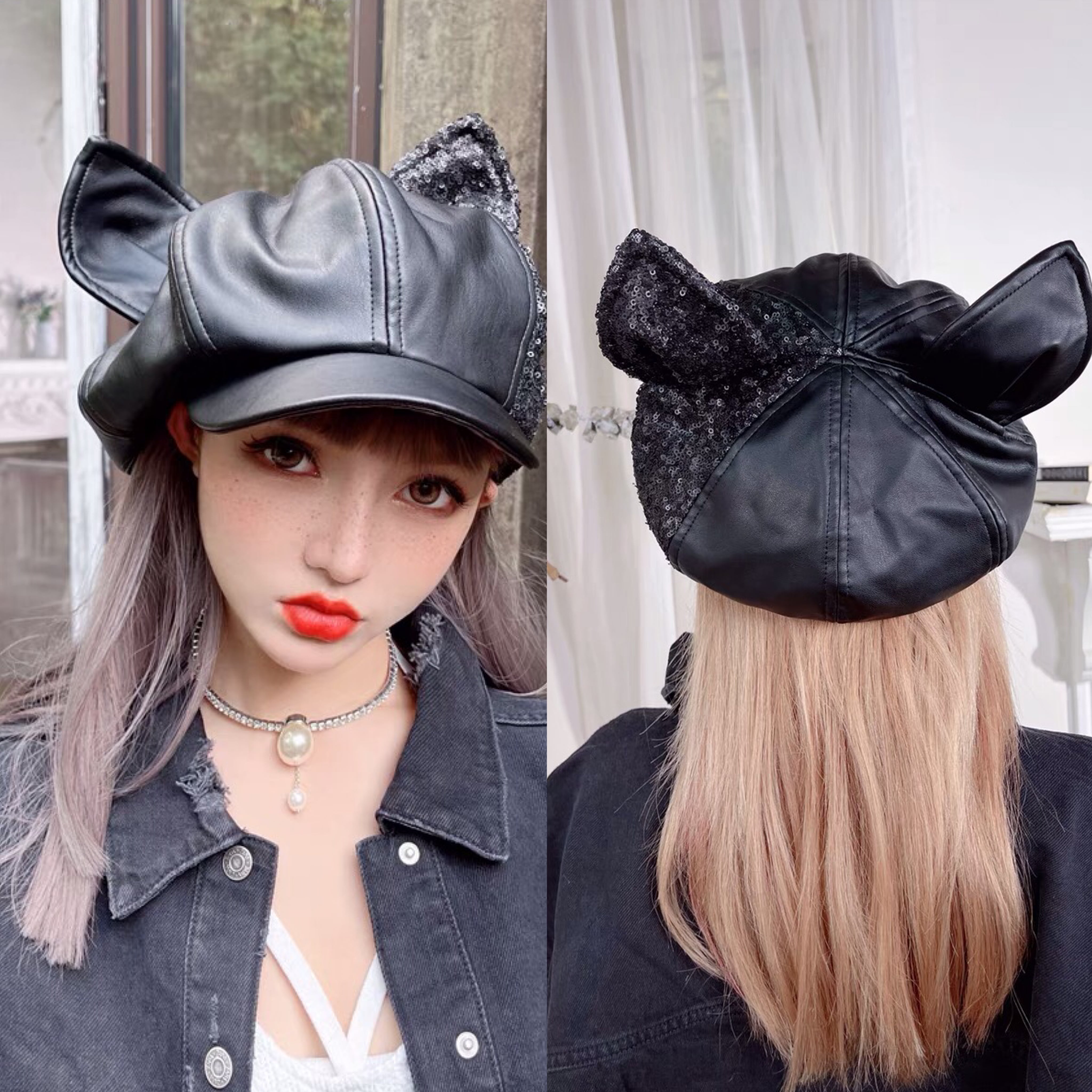 帽子 猫 ツノ うさみみ うさぎ 猫耳 グレー ピンク ビジュー ベレー帽