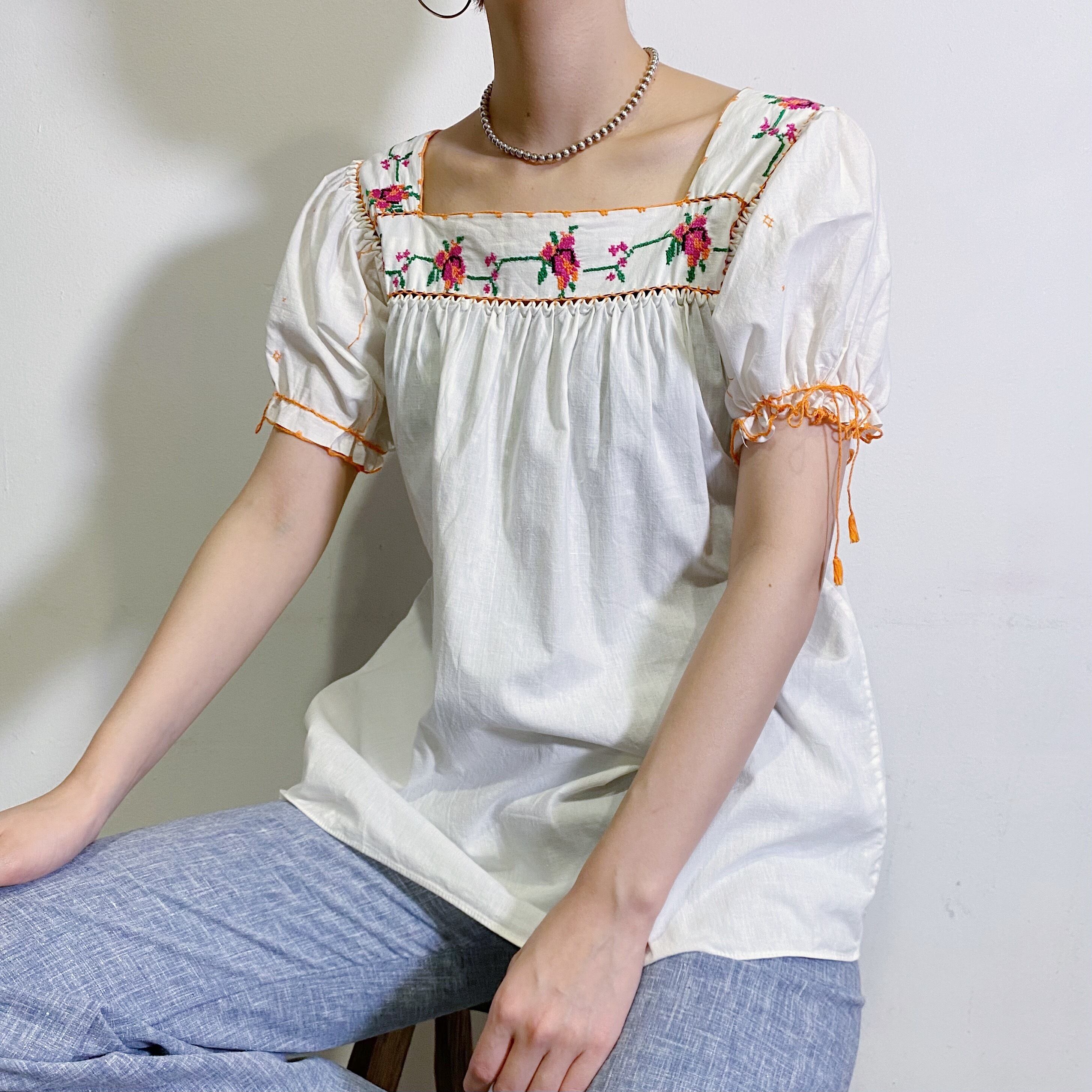 70s pink and orange flower embroidery cotton tunic top【672】 LEMON