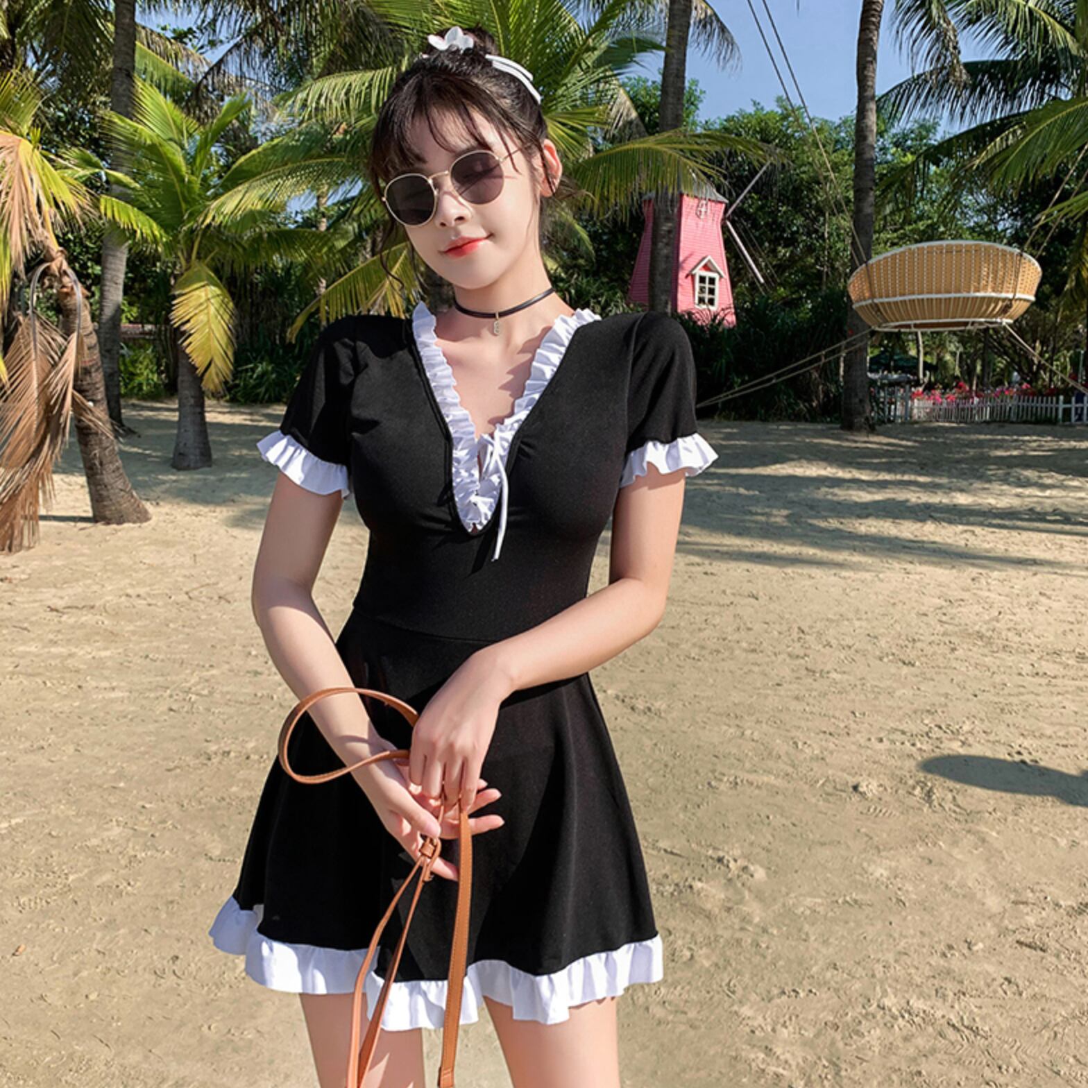 送料無料 レトロ ガーリー 水着 ワンピース バイカラー フリル リボン 海 プール スイムウェア 体型カバー Aライン 可愛い Lamitte Deco トレンド 韓国ファッション ショップ Base店