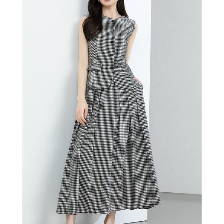 Checkered Vest Midi Skirt Set Vintage Casual 2604037