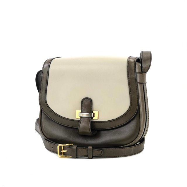 CELINE セリーヌ　フロントロック　ロゴ　レザー　バイカラー　ショルダーバッグ　ブラウン×ホワイト　vintage　ヴィンテージ　オールドセリーヌ　d4xrie