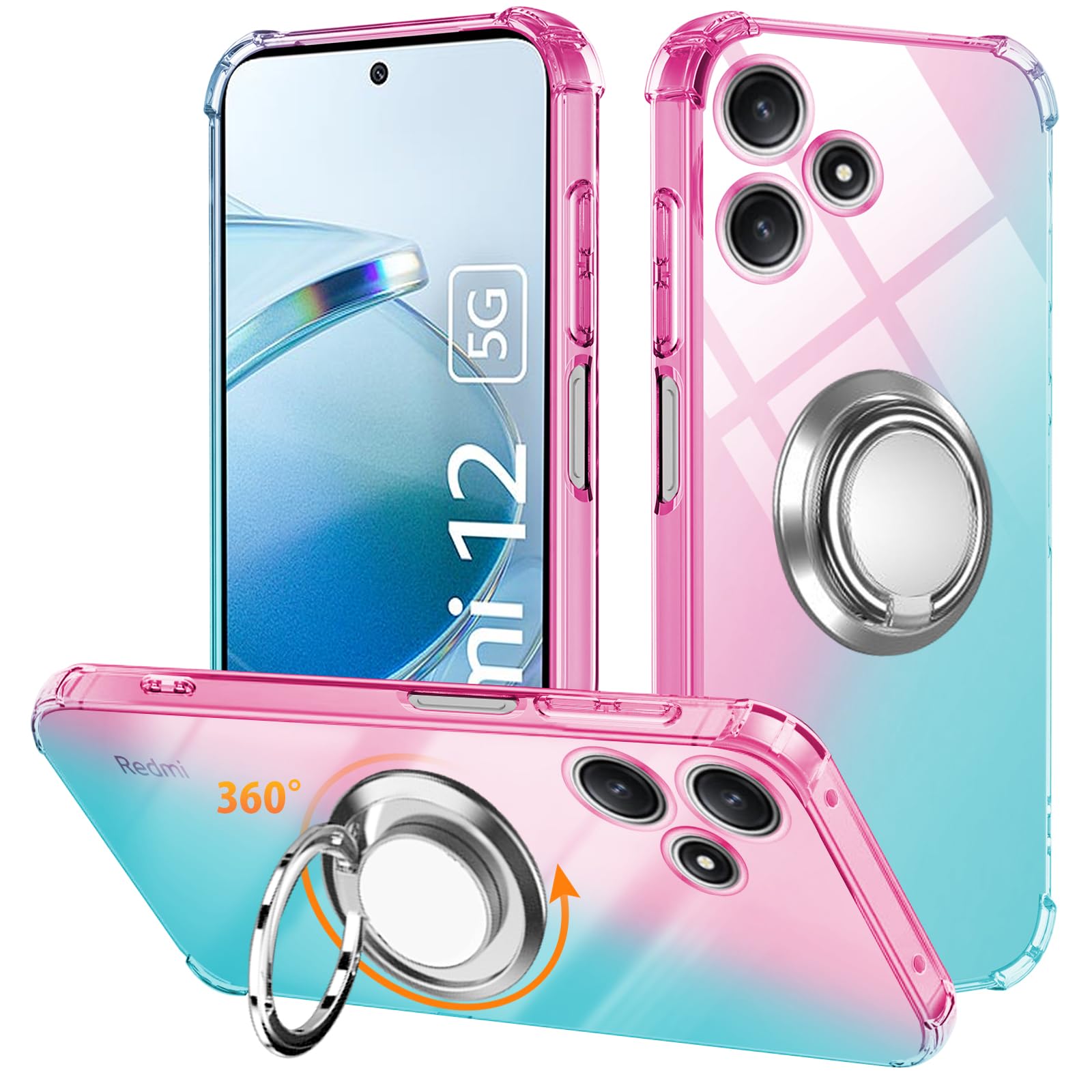 Redmi 12 5G ケース リング TPU 薄型 軽量シリコン グラデーション色 ケース (ピンクグリーン)