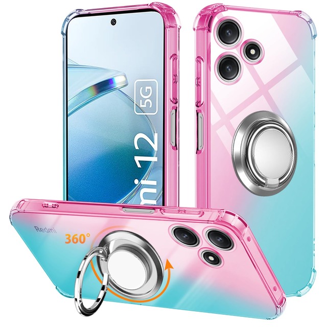 Redmi 12 5G ケース リング TPU 薄型 軽量シリコン グラデーション色 ケース (ピンクグリーン)