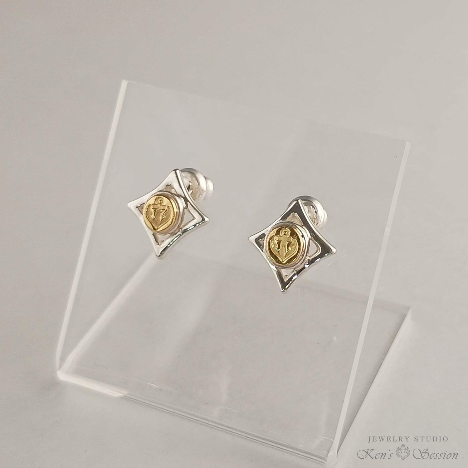 み*ん様 [遺品整理]k18一粒ピアス K18コンビダイヤ型スタンプピアス（K18,SV925：1SET） (fs-p-011-&K18