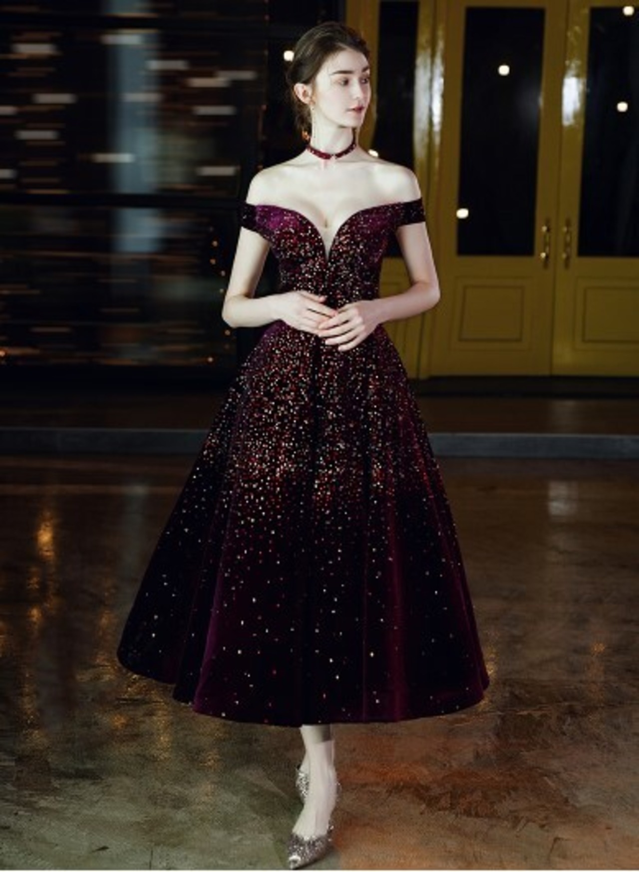 上品！ パーティードレス ワインレッド オフショルダー エレガント  