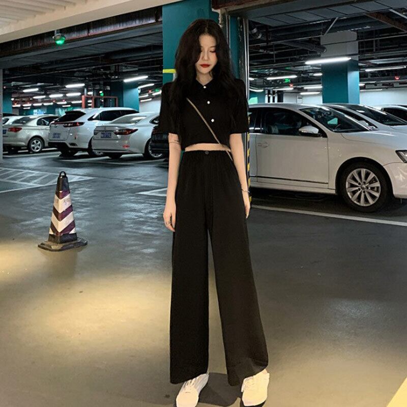 サマーFlowerデザイン バックルショートTシャツ ハイウェストウェストワイドレッグパンツ 夏物 ワイドパンツ フラワーデザイン 萌量不足2554080720