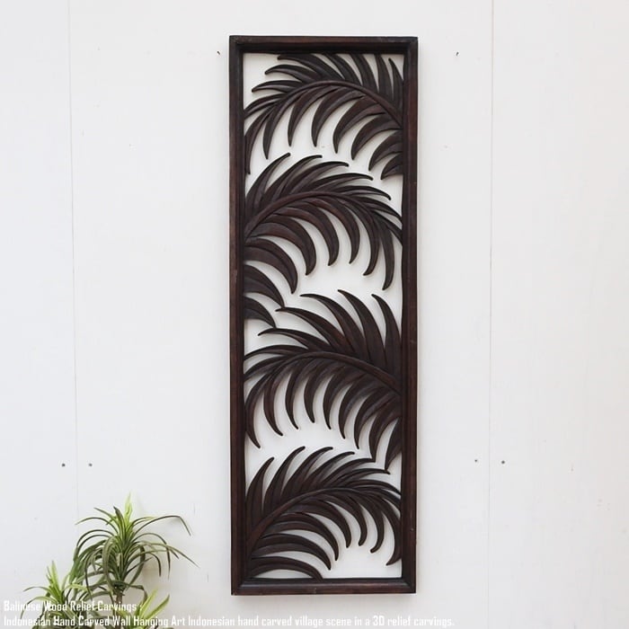 レリーフ 40cm×120cm B ヤシの葉 長方形 アートパネル 木彫り フレーム 彫刻アート 欄間 壁掛け 飾り 壁飾り アート インテリア パネル ウッドレリーフ ウッドパネル ウォールデコレーション オブジェ アジアン雑貨 バリ雑貨 バリ島 インテリア雑貨