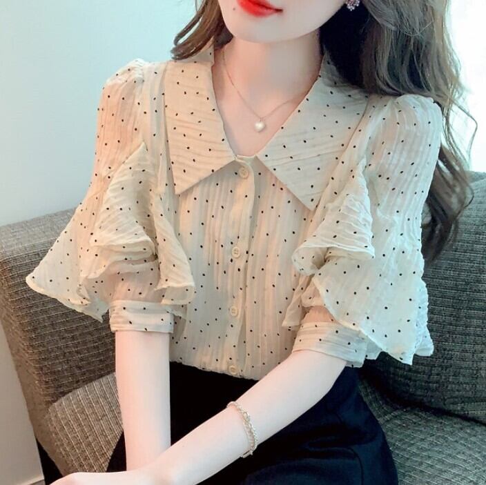 トップス レディース シャツ ブラウス 半袖 S M L XL 2XL 襟付き シフォン フリル しわ加工 シワ かわいい 大人可愛い きれいめ 上品 エレガント 清楚 フェミニン おしゃれ お洒落 綺麗 お嬢様 おとな ナチュラル こなれ感 ラブリー キュート ガーリー ロマンチック 抜け感 華やか ドット 水玉 学生 通学 デート お出かけ 女子会 カフェ巡り お買い物 春 夏 20代 30代 40代 韓国 韓国系 着回し 普段使い プレゼント ファッション コーデ インスタ映え 送料無料