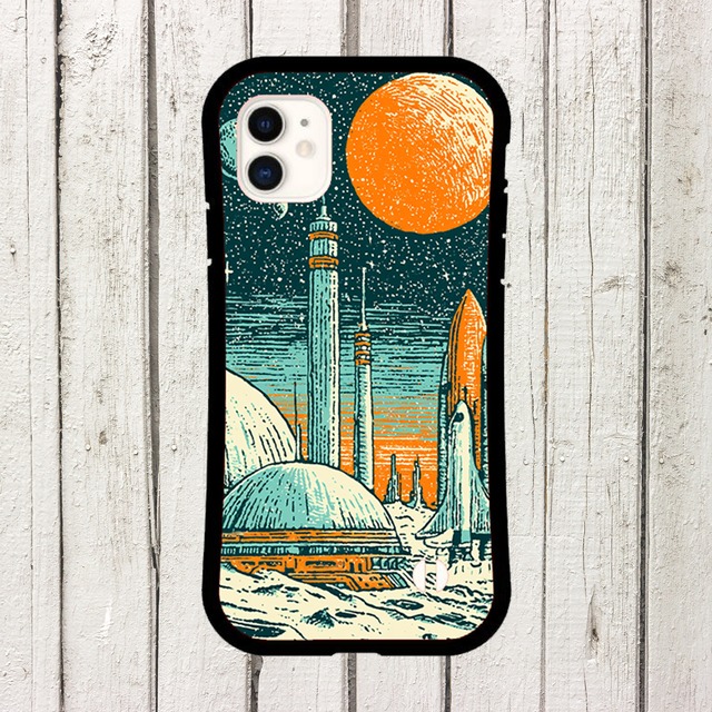 受注生産 iPhoneケース 月面都市とオレンジ惑星の宇宙柄｜レトロ宇宙 RFSP020C
