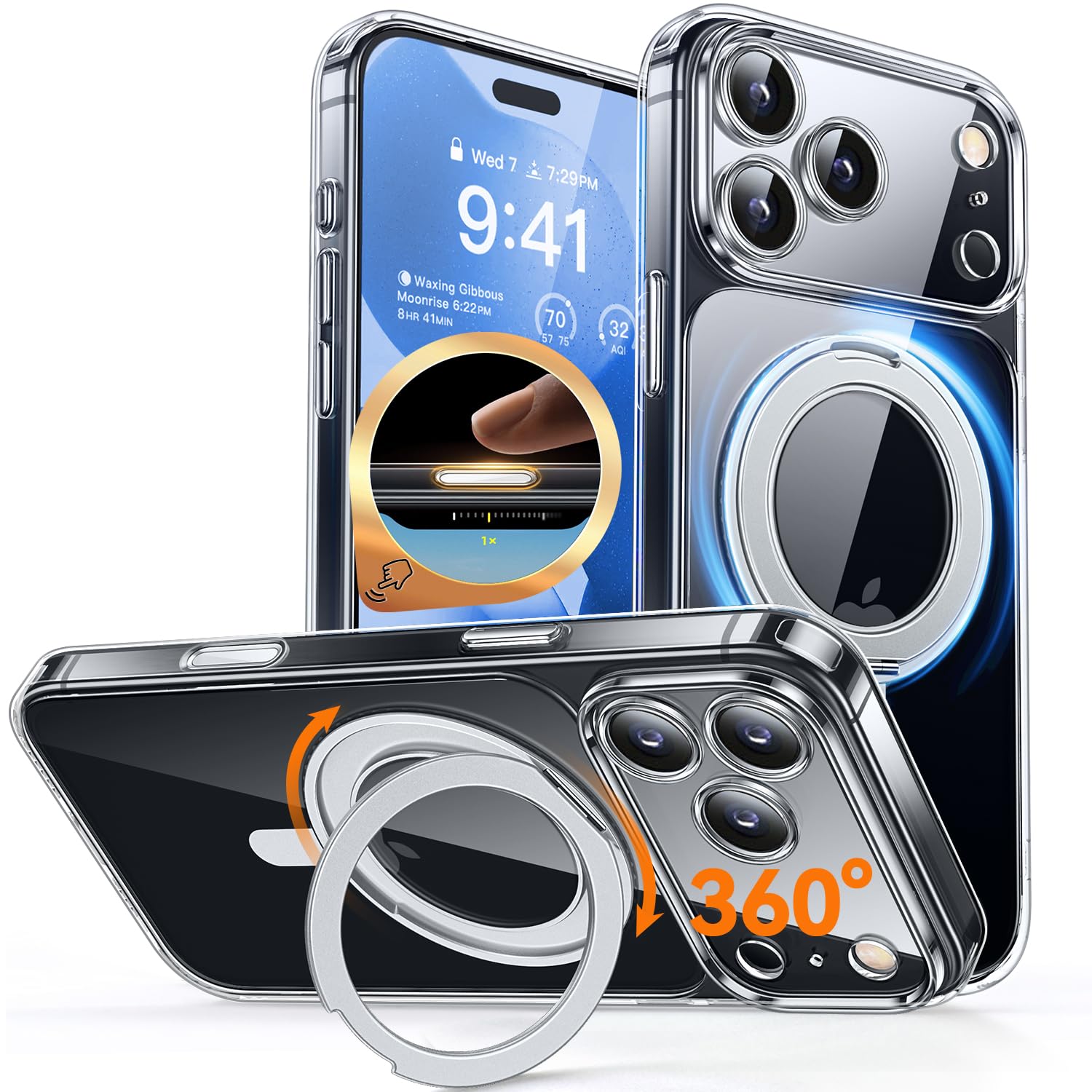 CANSHN iPhone 18 Pro 用 ケース Magsafe対応 360°回転スタンド 縦横多角度対応 カメラ周辺保護 ワイヤレス充電 透明