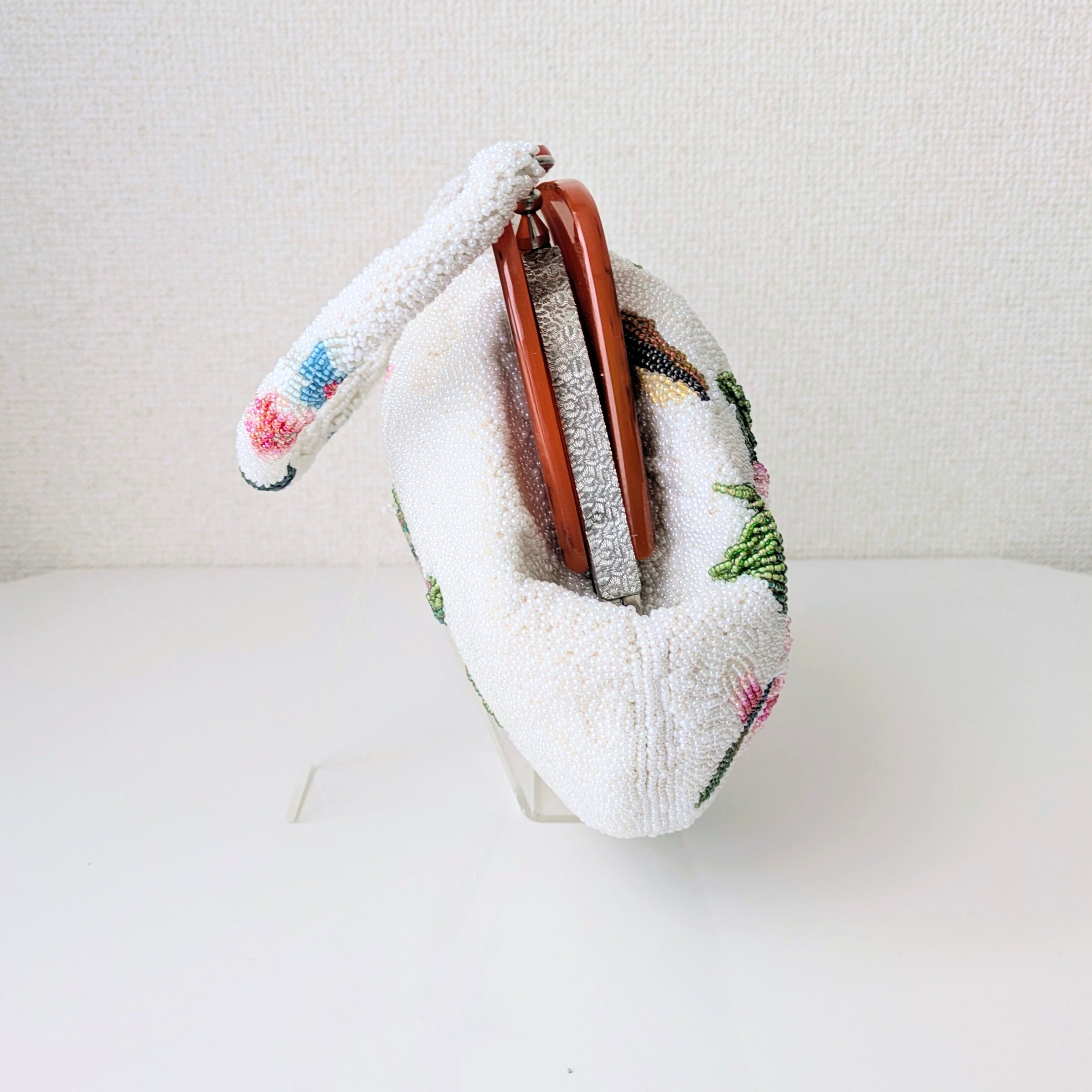 Vintage】ビーズ刺繍バッグ 白 花柄 べっ甲風 大き目サイズ パーティー