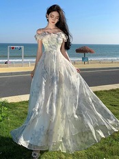 【0241】Floral Tulle Off Shoulder Short Sleeve Dress