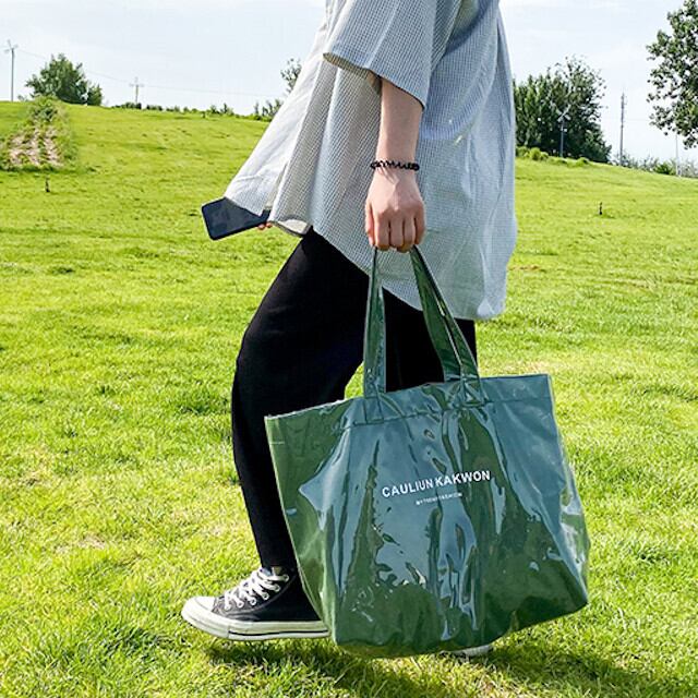 トートバッグ 大容量 シンプル ロゴ PVC キャンバス 帆布 おしゃれ カジュアル ピクニック お出かけ グリーン/ブラック/グレー/ベージュ