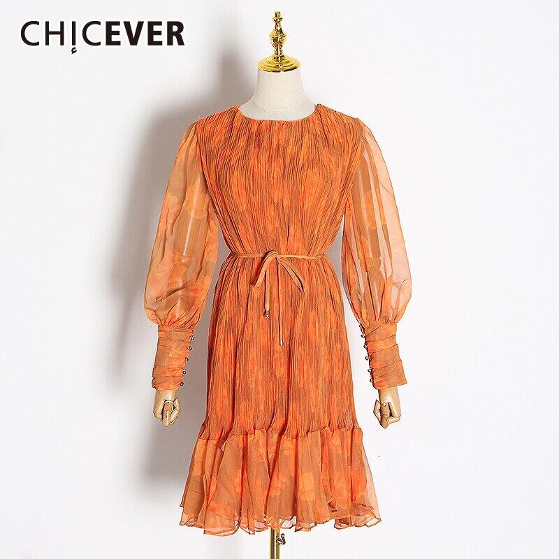 CHICEVERプリントフリルレディースドレスOネックランタンロングスリーブウエストドローストリングイレギュラードレス2020 長袖 6base526127063882