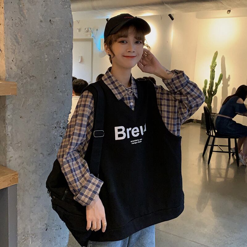 スプリングブラック格子柄シャツ ロング 春物 ステッチ 試着室85198922107