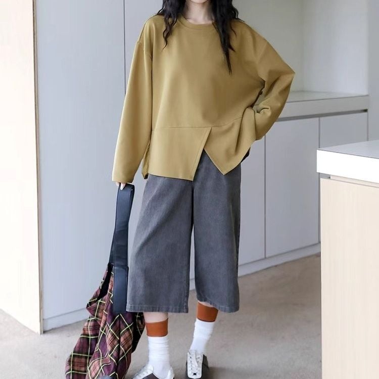 SOLID STITCHED BACK IRREGULAR HEM SWEAT SHIRT 2colors M-14787