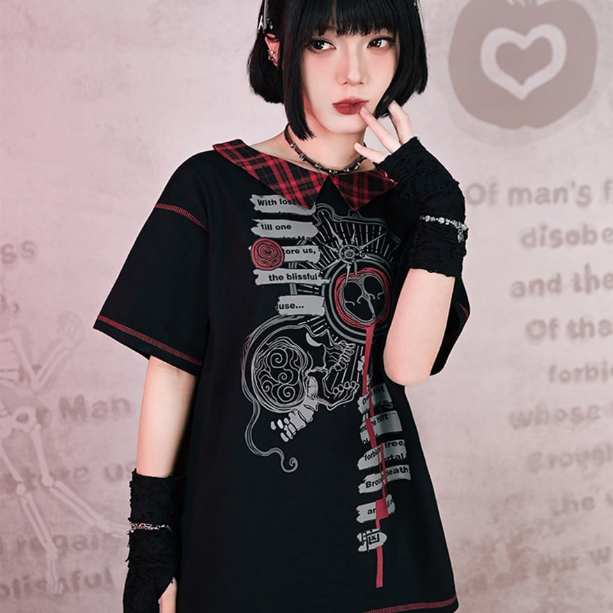 地雷系 チャイナサブカル Tシャツ 赤黒チェック グラフィック フェイク
