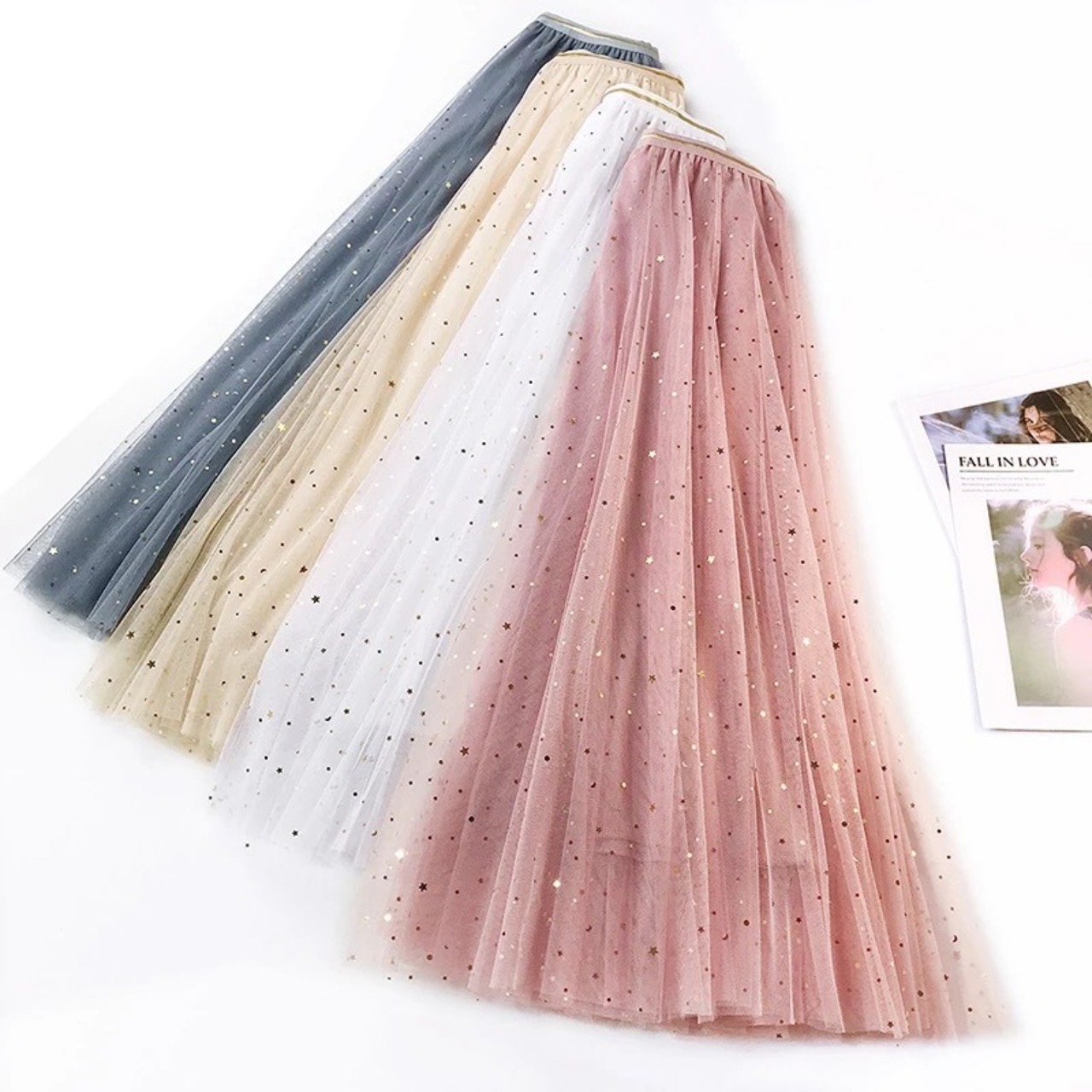 送料無料 スタースパンコールチュールスカート 3色 ピンク ベージュ 