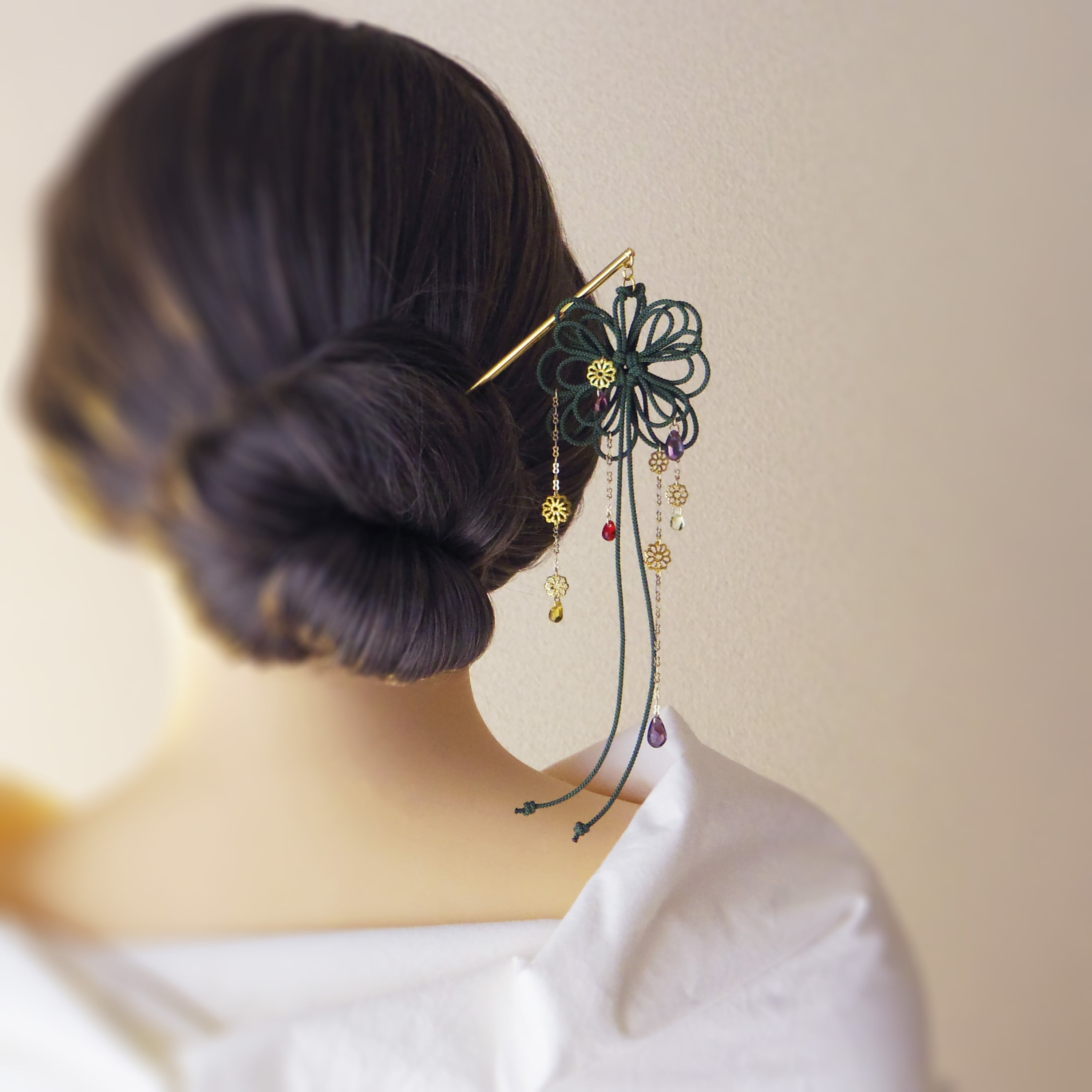 飾り結びかんざし「華とうた」【+チェコビーズ】浴衣・着物・フォーマルな和装ヘアに。