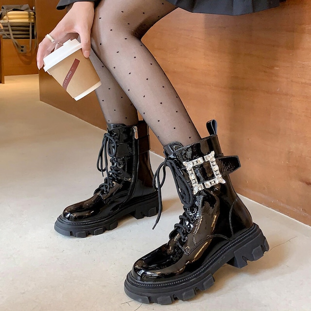 【34-40】Bijou buckle enamel short boots　B3216