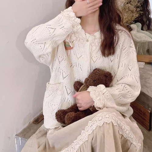 レースネックカットワーク刺繍カーデ ・8521