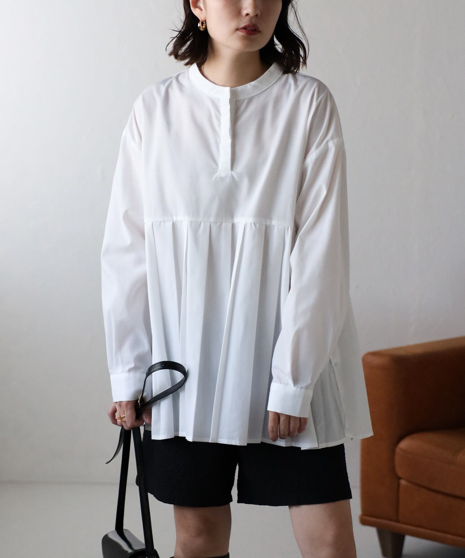 カジュアルチュニックプリーツシャツ