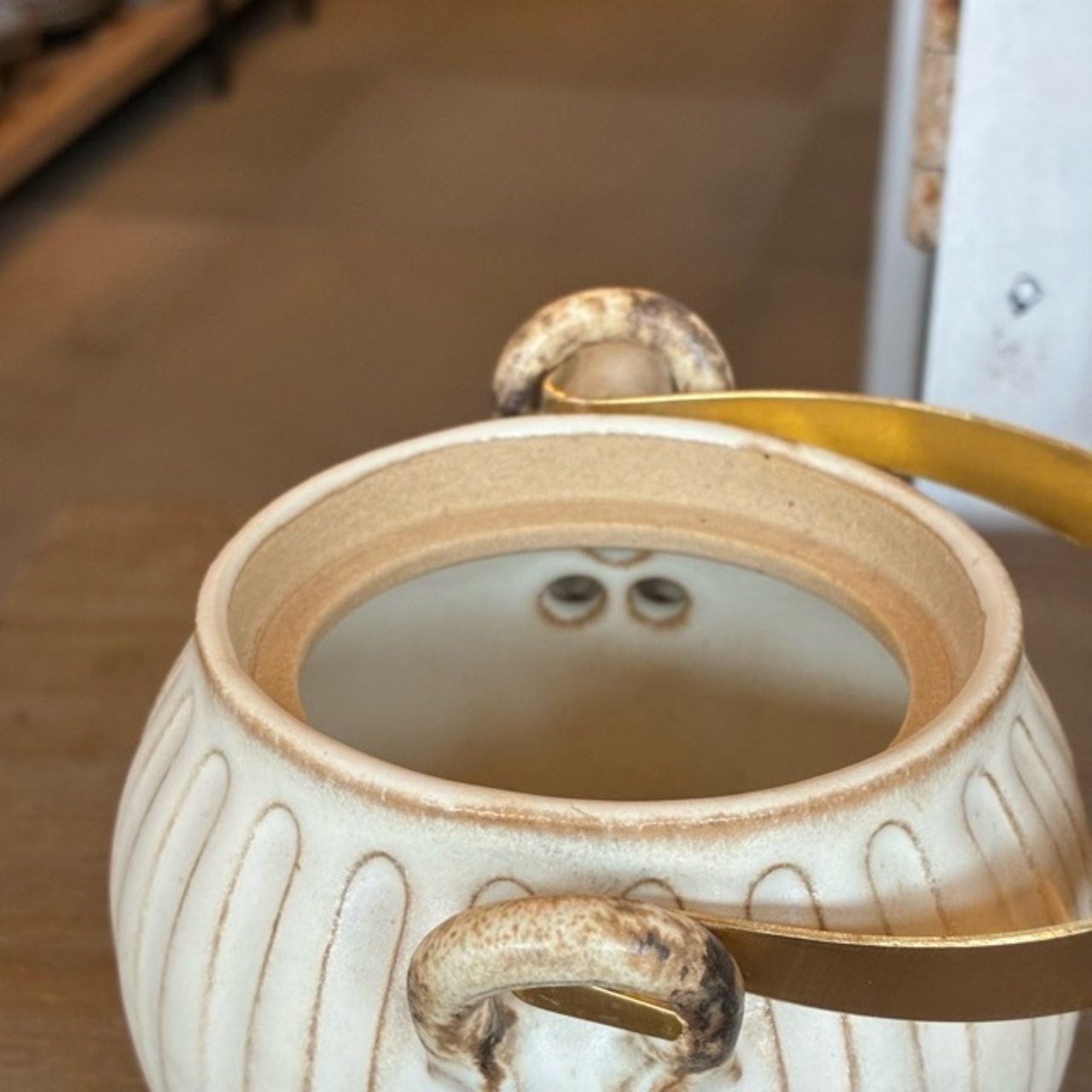MASHIKO Brass handle teapot　益子焼　真鍮ハンドルティーポット　S　350ml　キナリ　紅茶　緑茶　ハーブティー　電子レンジOK　食洗機OK　ギフト