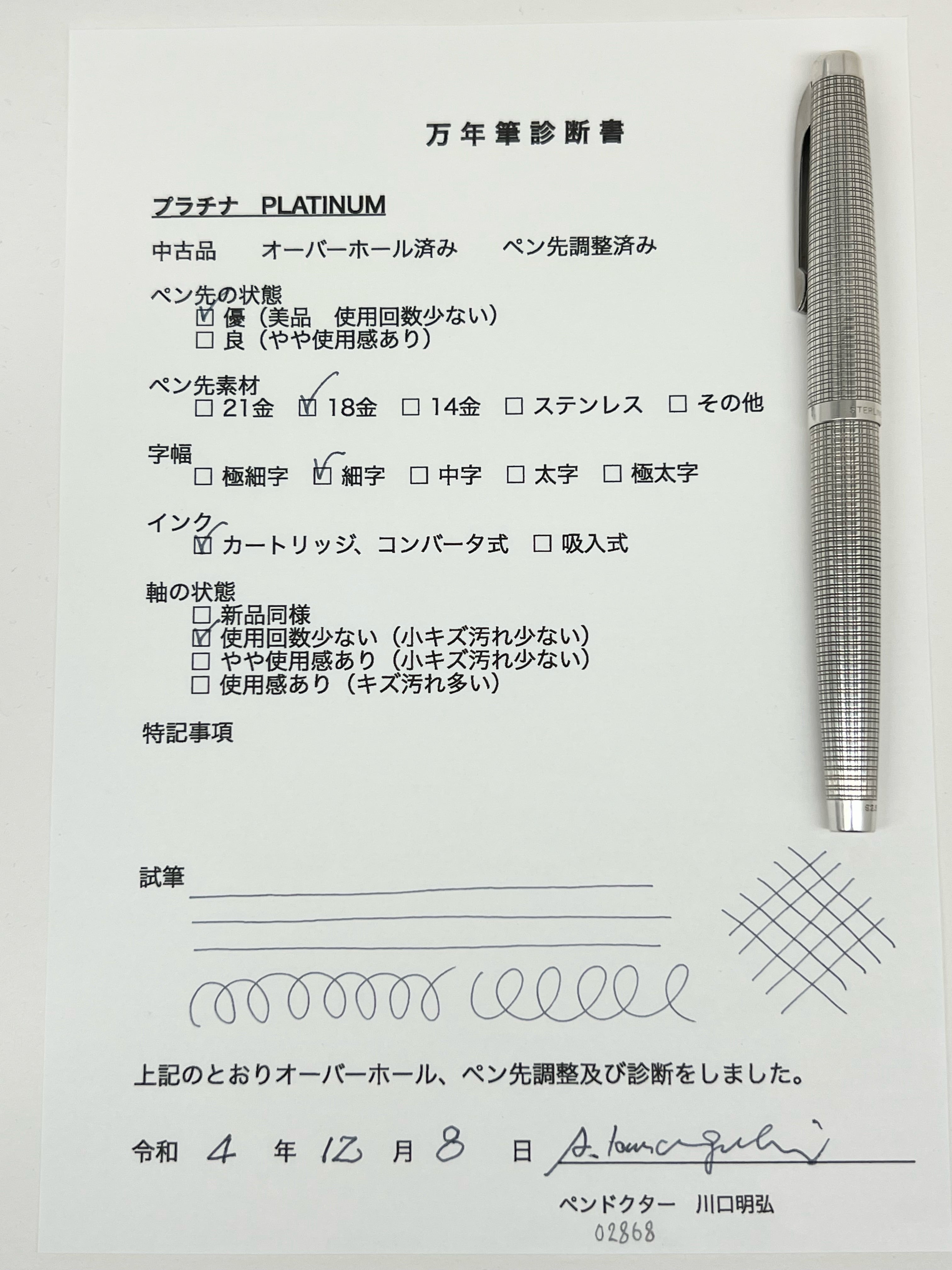 60s プラチナ万年筆 PLATINUM （細字） 18K-WG 02868 | 川口明弘の調整