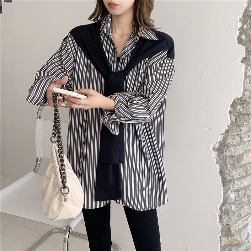 ストライプシャツ スプリングトップス シャツ ロング 春物 1号婦人66307666083