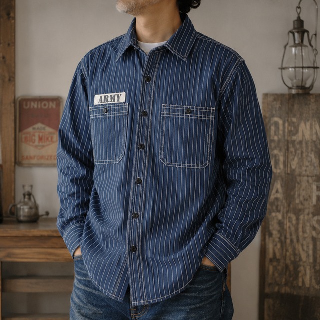 Dot stripe double Pocket denim shirt 00476