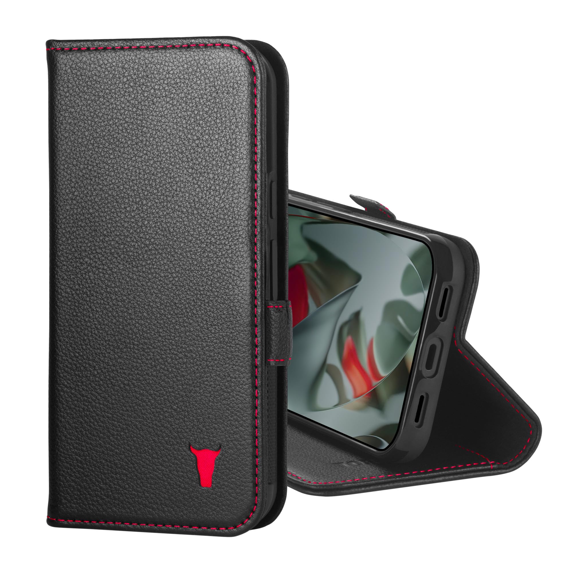 TORRO レザーケース Google P10 Pro XL 6.8 インチ 2025年モデル対応, 手帳型本革スマホケース スタンド·カードホルダー付き (ブラック)(アクセント・レッド)