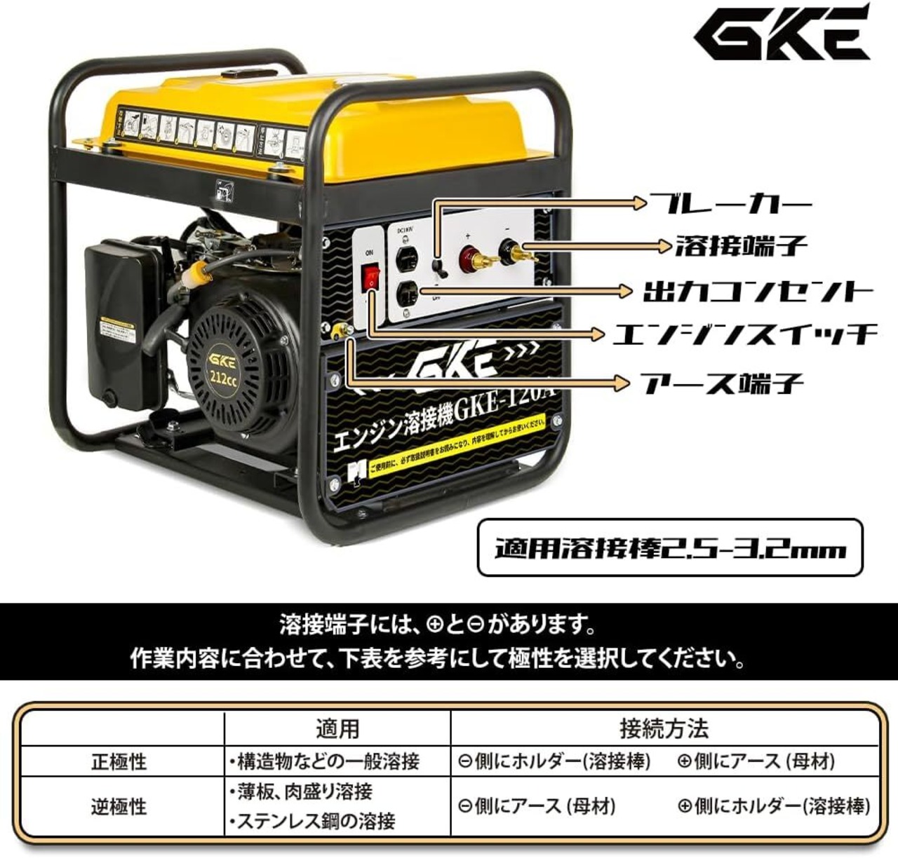 GKE 発電機兼用溶接機 エンジン溶接機 ガソリン発電機 最大出力1.0kVA DC出力 直流溶接電源 溶接定格電流120A 使用溶接棒1.4～3.2mm 一台二役 発電＋溶接同時使用可能 小型設計 ポータブル アーク溶接機 屋外作業 建設現場 防災 GKE-120A