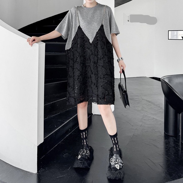 CONTRAST FAUX LAYERED SHORT SLEEVES MIDI DRESS M-17191