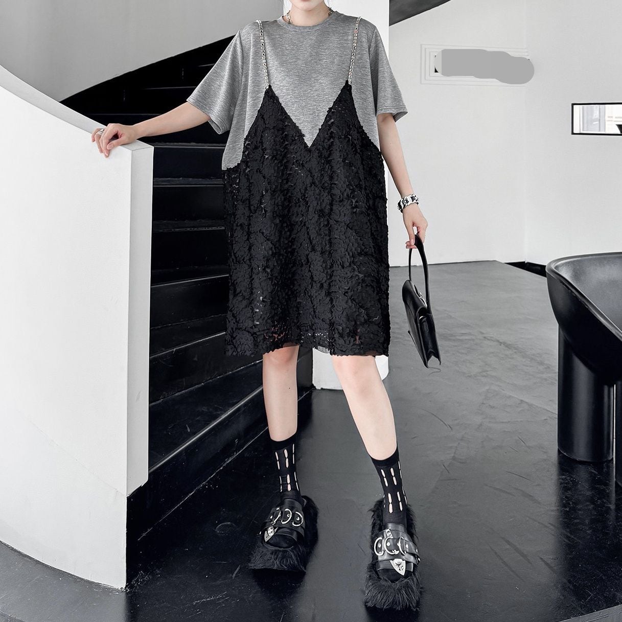 CONTRAST FAUX LAYERED SHORT SLEEVES MIDI DRESS M-17191