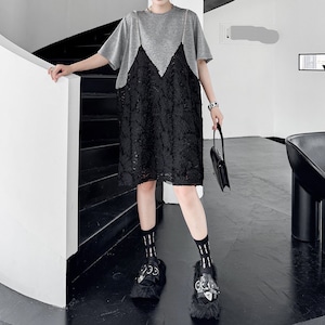 CONTRAST FAUX LAYERED SHORT SLEEVES MIDI DRESS M-17191