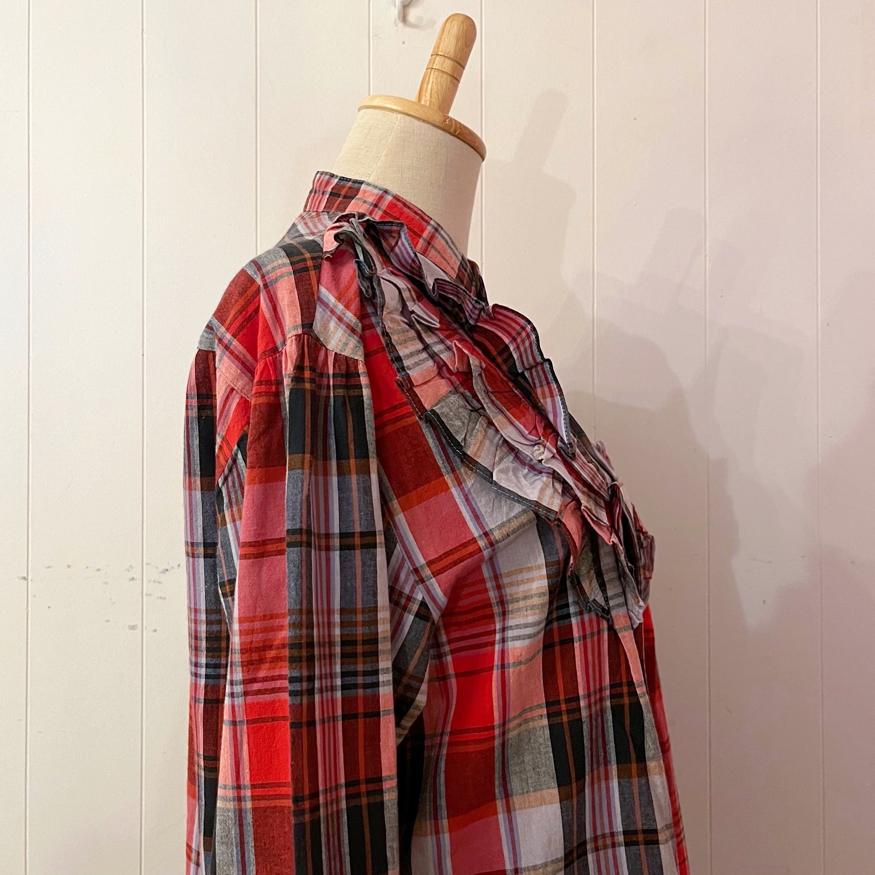 red black check frill blouse